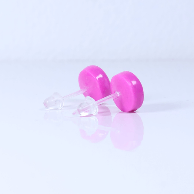 Hypoallergenic 8mm Large Solid Pink Round Cut Polymer Clay Plastic Back Stud Earrings With Designer Carbon Fiber Jewellery Box