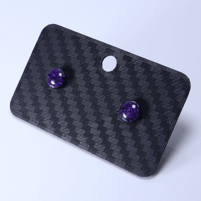 Hypoallergenic Vibrant Electric Cracked Dark Purple Polymer Clay Plastic Rubber Back Stud Earrings With Designer Carbon Fiber Jewellery Box