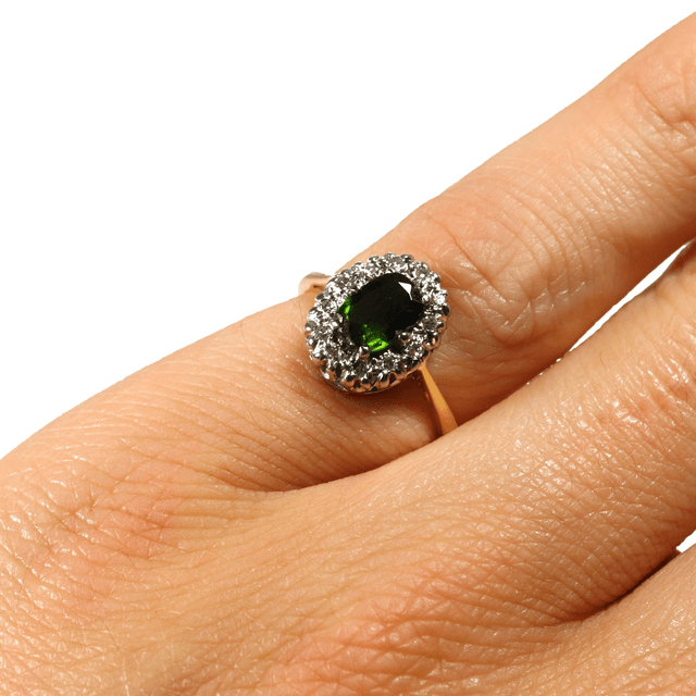 Vintage 18K 18Ct 750 Solid Yellow Gold Platinum Vivid Green Diopside And Diamond Halo Natural Gemstone Ring Size L 1/2 - 5 7/8