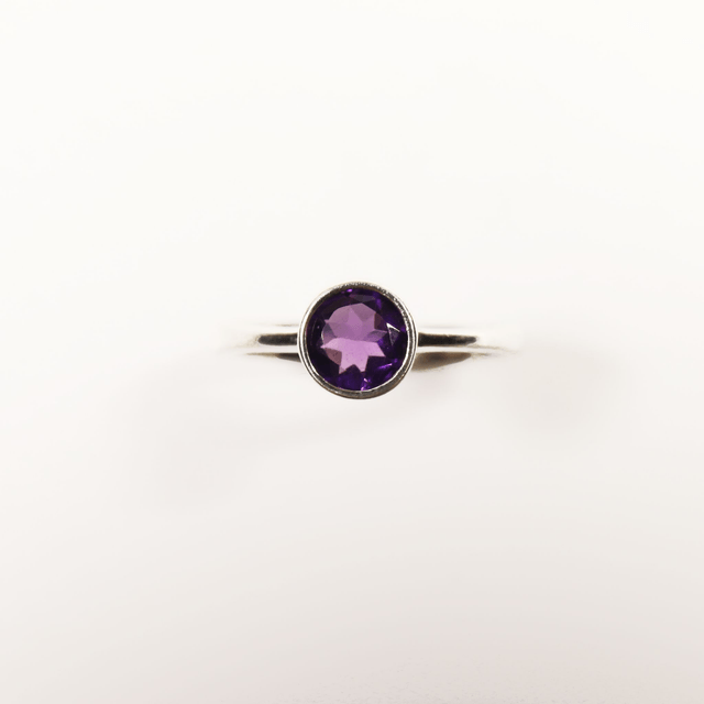 Sterling Silver 925 Minimalist Modern Design Band Round Cut Vivid Purple Amethyst Gemstone Birthstone Ring Size N - 6 1/2