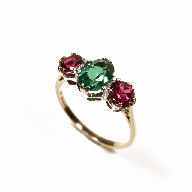 Vintage 9K 9Ct 375 Solid Yellow Gold Three Stone Trilogy Oval Round Cut Green Indicolite Pink Rubellite Tourmaline Ring Size P - 7 1/2