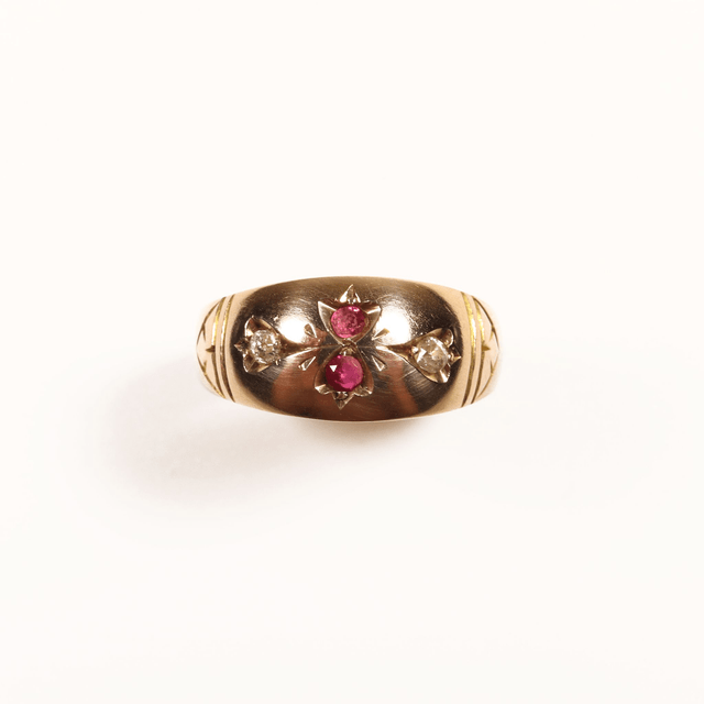 Edwardian Art Nouveau 9K 9Ct 375 Solid Rose Gold Vivid Red Ruby And Old Cut Diamond Natural Gemstone Hand Craved Ring Band Size M - 6