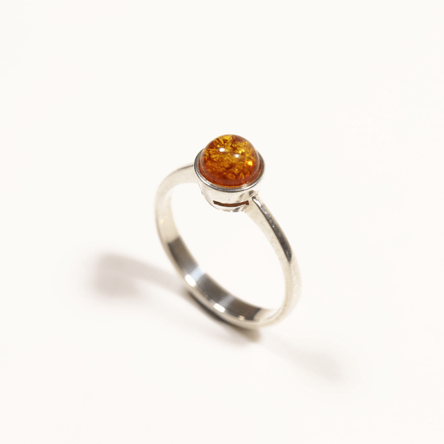 Sterling Silver 925 Minimalist Design Style Small Round Cabochon Cut Orange Baltic Amber Birthstone Gemstone Band Ring Size N - 6 1/2