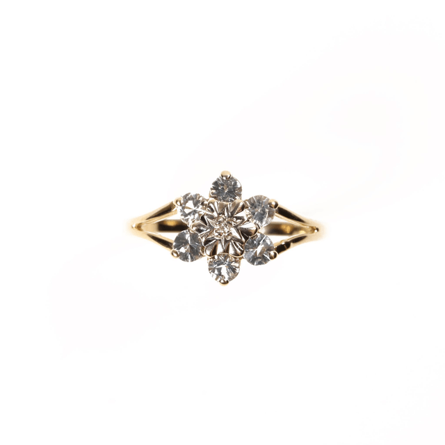 Vintage 9K 9Ct 375 Solid Yellow Gold Round Cut Blue Topaz Diamond November Natural Gemstone Star Cluster Design Ring Size M 1/2 - 6 1/4