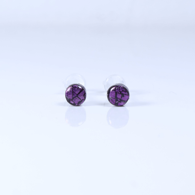Hypoallergenic Small Electric Cracked Plum Purple Black Polymer Clay Plastic Back Stud Earrings With Designer Carbon Fiber Jewellery Box
