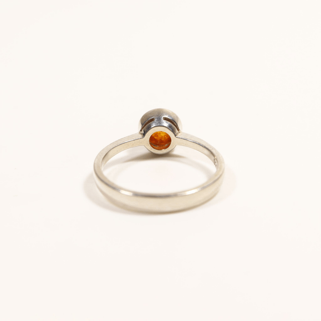 Sterling Silver 925 Minimalist Design Style Small Round Cabochon Cut Orange Baltic Amber Birthstone Gemstone Band Ring Size N - 6 1/2