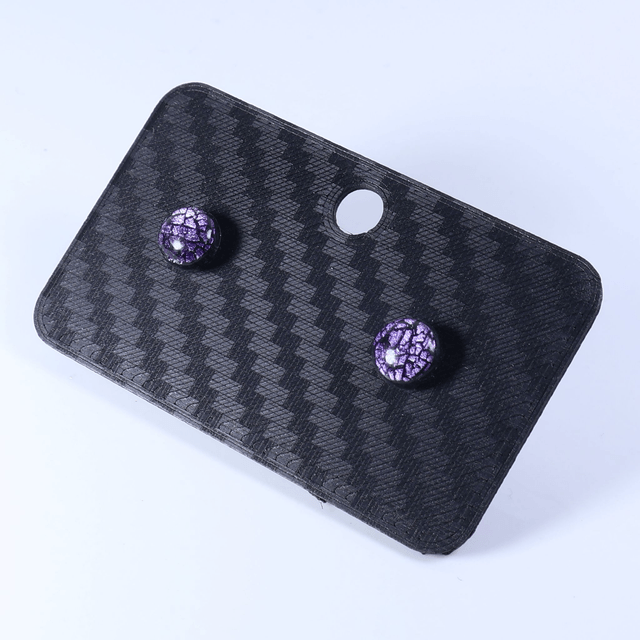 Hypoallergenic Vibrant Electric Cracked Lavender Purple Polymer Clay Plastic Back Stud Earrings With Designer Carbon Fiber Jewellery Box