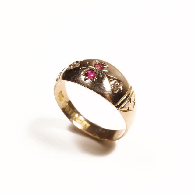 Edwardian Art Nouveau 9K 9Ct 375 Solid Rose Gold Vivid Red Ruby And Old Cut Diamond Natural Gemstone Hand Craved Ring Band Size M - 6