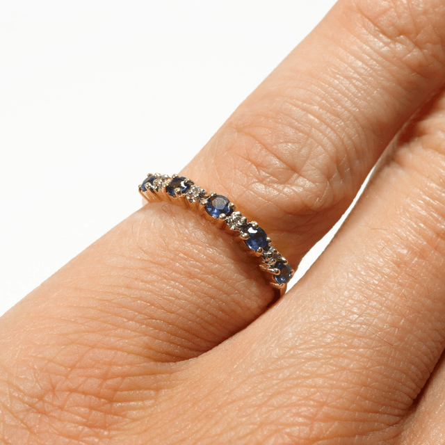Vintage 9K 9Ct 375 Solid Yellow Gold Vivid Round Cut Blue Sapphire And Diamond Eternity Natural Gemstone Wedding Band Ring Size N - 6 1/2