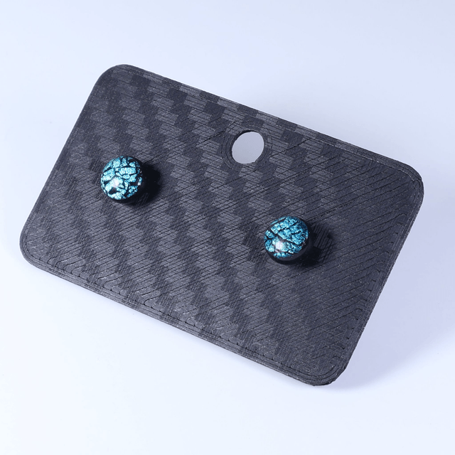 Hypoallergenic Vibrant Electric Cracked Teal Black Polymer Clay Plastic Rubber Back Stud Earrings With Designer Carbon Fiber Jewellery Box