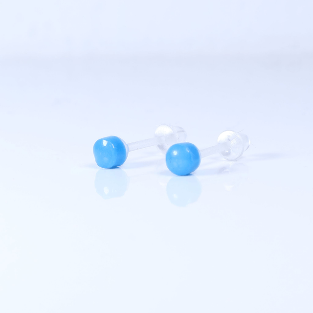 Hypoallergenic 3mm Small Solid Blue Round Cut Polymer Clay Plastic Back Stud Earrings With Designer Carbon Fiber Jewellery Box