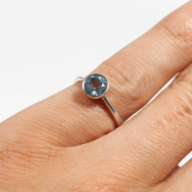 Sterling Silver 925 Minimalist Modern Design Band Round Cut Vivid Blue Topaz Gemstone Birthstone Ring Size N - 6 1/2