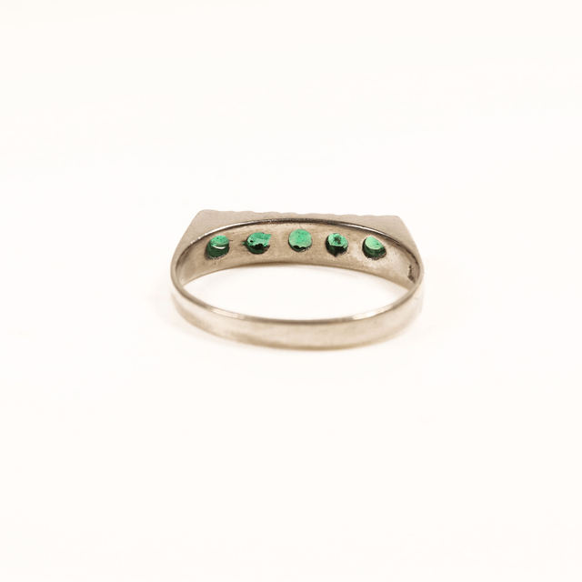 Vintage 18Ct 18K 750 Solid White Gold Five Round Cut Natural Emerald  0.25ct Gemstone Modern Simple Signet Style Ring Size M - 6