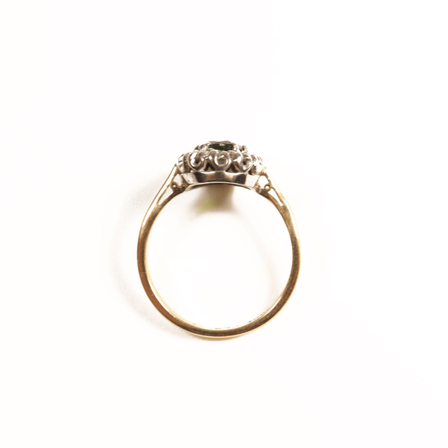 Vintage 18K 18Ct 750 Solid Yellow Gold Platinum Vivid Green Diopside And Diamond Halo Natural Gemstone Ring Size L 1/2 - 5 7/8