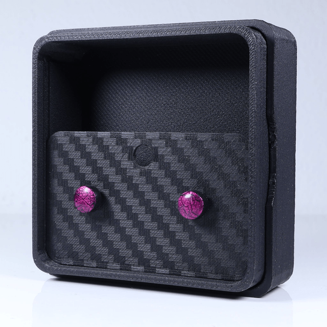 Hypoallergenic Vibrant Electric Cracked Pink Black Polymer Clay Plastic Rubber Back Stud Earrings With Designer Carbon Fiber Jewellery Box