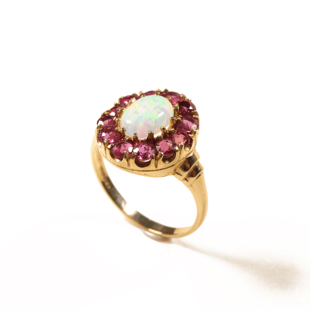 Vintage 9K 9Ct 375 Solid Yellow Gold Oval Firey Rainbow Flash Cabochon Opal Red Ruby Claw Set Halo Design Ring Size N - 6 1/2