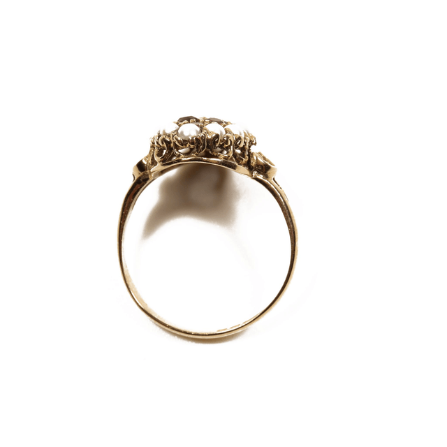 Vintage  9K 9Ct 375 Solid Yellow Gold Round Cut Red Garnet and Small Freshwater Pearl Natural Gemstone Ring Size N - 6 1/2