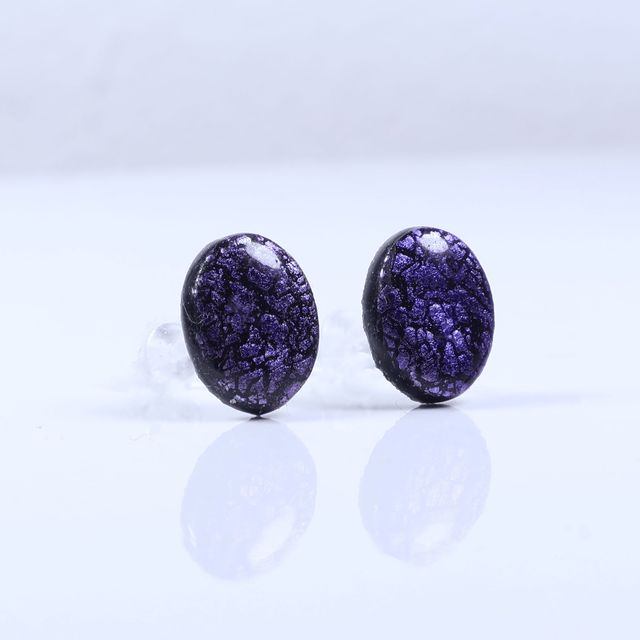 Hypoallergenic Vibrant Electric Cracked Purple Oval Cut Polymer Clay Plastic Back Stud Earrings With Designer Carbon Fiber Jewellery Box