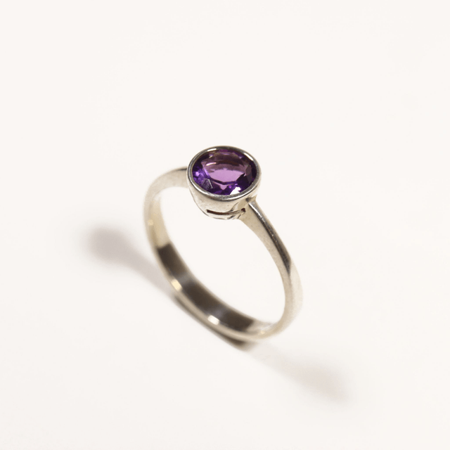 Sterling Silver 925 Minimalist Modern Design Band Round Cut Vivid Purple Amethyst Gemstone Birthstone Ring Size N - 6 1/2