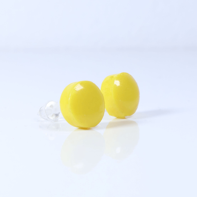Hypoallergenic 8mm Large Solid Yellow Round Cut Polymer Clay Plastic Back Stud Earrings With Designer Carbon Fiber Jewellery Box