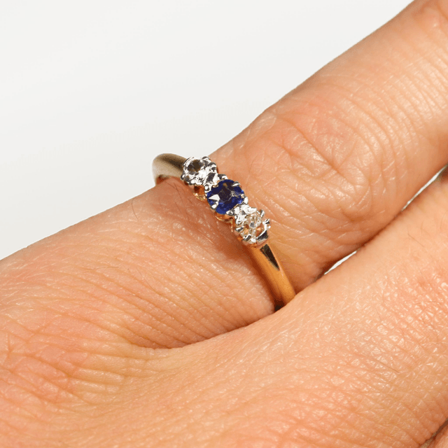 Edwardian 18K 18Ct 750 Solid Yellow Gold Vivid Blue Sapphire And Diamond Trilogy Natural Gemstone BHJ Designed Ring Size O 1/2 - 7 1/4