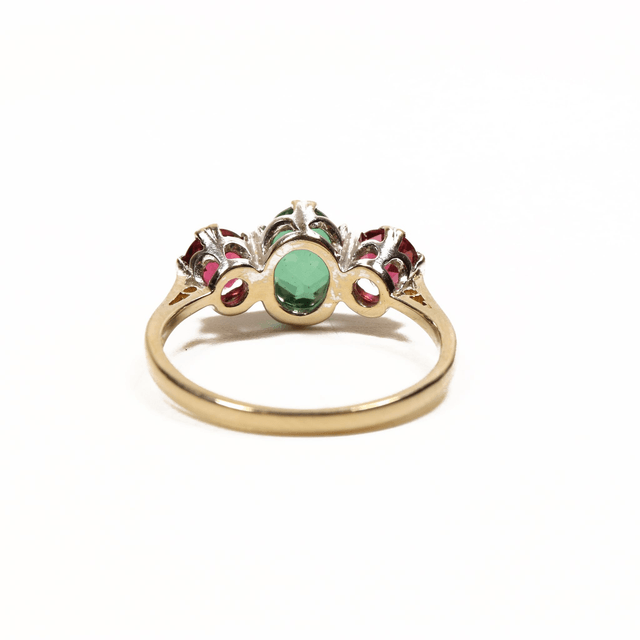 Vintage 9K 9Ct 375 Solid Yellow Gold Three Stone Trilogy Oval Round Cut Green Indicolite Pink Rubellite Tourmaline Ring Size P - 7 1/2