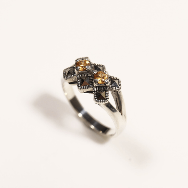 Art Deco Style Sterling Silver 925 Orange Round Cut Spessartine Garnet Marcasite January Birthstone Natural Gemstone Design Ring Size O - 7