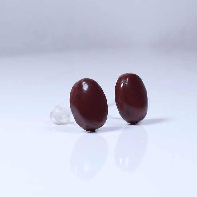 Hypoallergenic Solid Chocolate Brown Oval Cut Polymer Clay Plastic Back Stud Earrings With Designer Carbon Fiber Jewellery Box