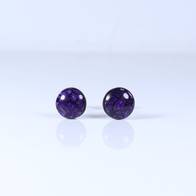 Hypoallergenic Vibrant Electric Cracked Dark Purple Polymer Clay Plastic Rubber Back Stud Earrings With Designer Carbon Fiber Jewellery Box