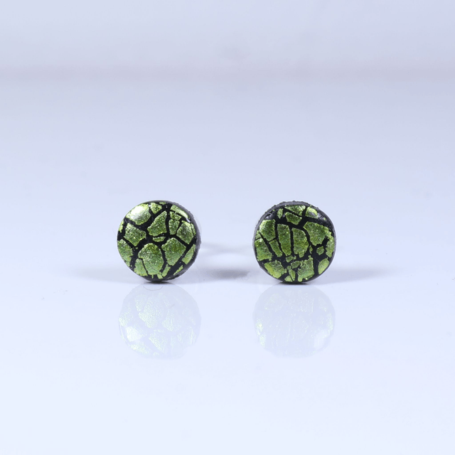 Hypoallergenic Vibrant Electric Cracked Lime Green Polymer Clay Plastic Rubber Back Stud Earrings With Designer Carbon Fiber Jewellery Box