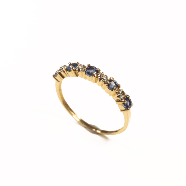 Vintage 9K 9Ct 375 Solid Yellow Gold Vivid Round Cut Blue Sapphire And Diamond Eternity Natural Gemstone Wedding Band Ring Size N - 6 1/2