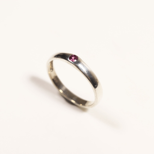 Simple Sterling Silver 925 Minimalist Design Style Small Round Cut Pink Rhodolite Garnet Birthstone Gemstone Band Ring Size O - 7