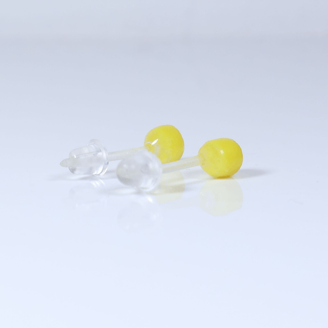 Hypoallergenic 3mm Small Solid Yellow Round Cut Polymer Clay Plastic Back Stud Earrings With Designer Carbon Fiber Jewellery Box