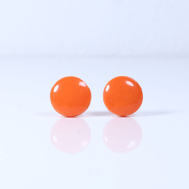 Hypoallergenic 8mm Large Solid Orange Round Cut Polymer Clay Plastic Back Stud Earrings With Designer Carbon Fiber Jewellery Box