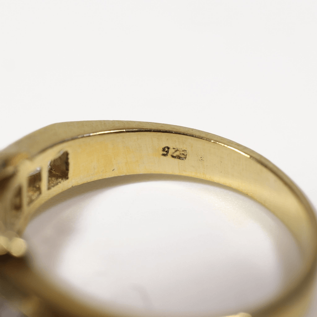 Vintage Sterling Silver 925 Yellow Gold Plated Cubic Zirconia Round / Princess Cut Cross Over Knot Design Channel Set Ring Size M - 6
