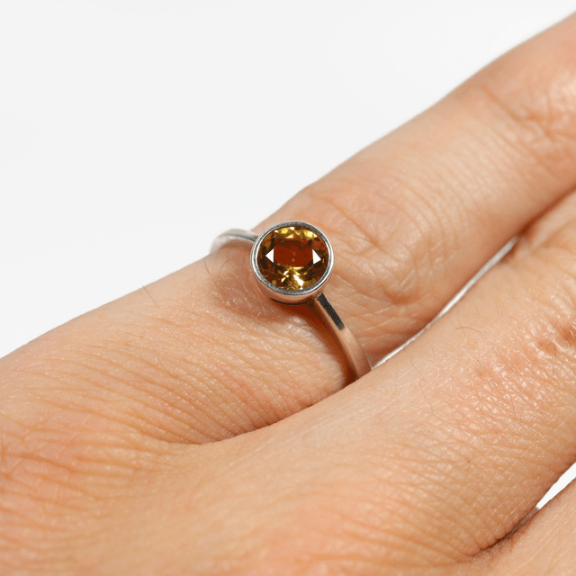Sterling Silver 925 Minimalist Modern Design Band Round Cut Vivid Oramge Citrine Gemstone Birthstone Ring Size N - 6 1/2
