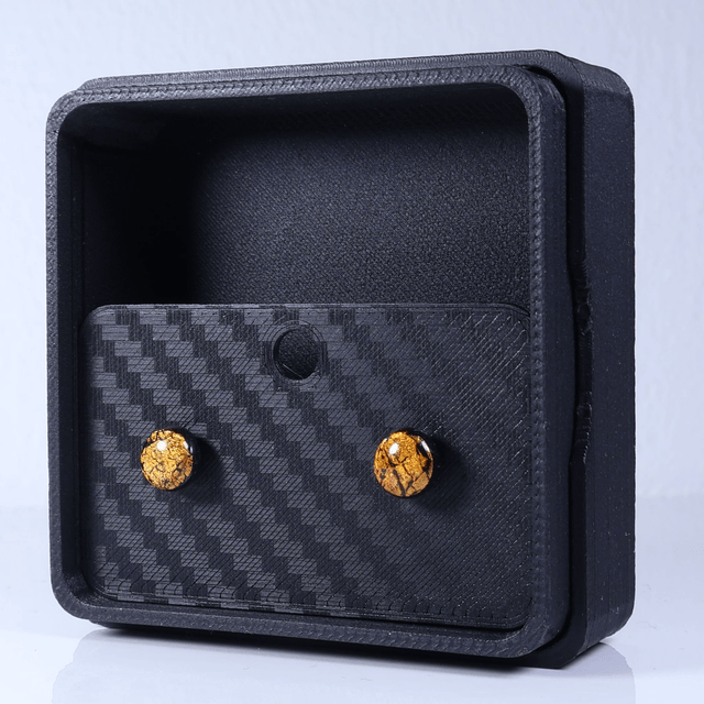 Hypoallergenic Vibrant Electric Cracked Orange Black Polymer Clay Plastic Rubber Back Stud Earrings With Designer Carbon Fiber Jewellery Box