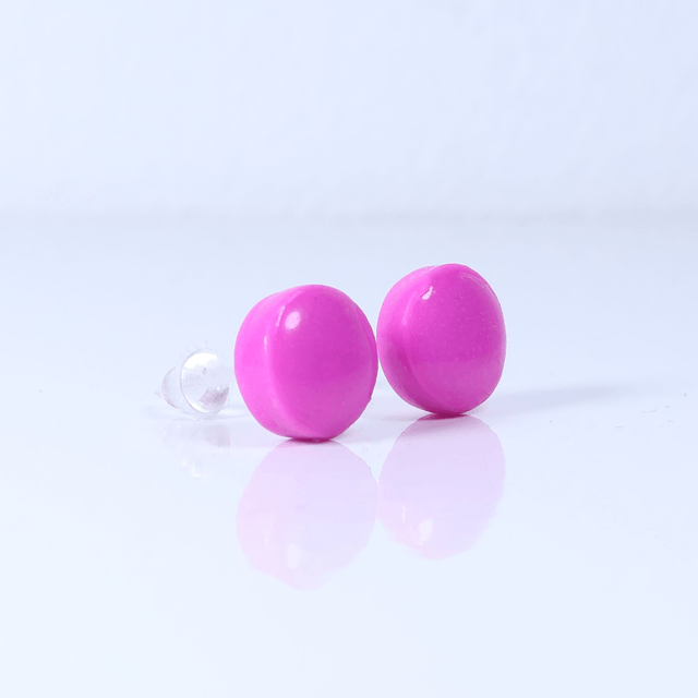 Hypoallergenic 8mm Large Solid Pink Round Cut Polymer Clay Plastic Back Stud Earrings With Designer Carbon Fiber Jewellery Box
