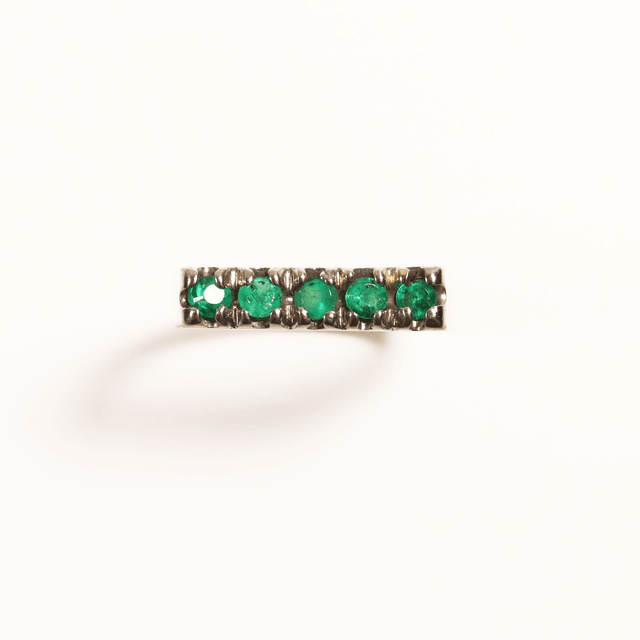 Vintage 18Ct 18K 750 Solid White Gold Five Round Cut Natural Emerald  0.25ct Gemstone Modern Simple Signet Style Ring Size M - 6