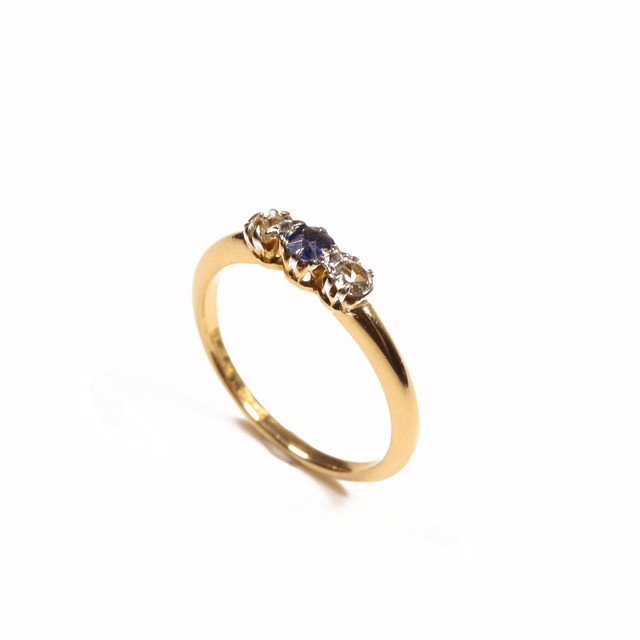 Edwardian 18K 18Ct 750 Solid Yellow Gold Vivid Blue Sapphire And Diamond Trilogy Natural Gemstone BHJ Designed Ring Size O 1/2 - 7 1/4