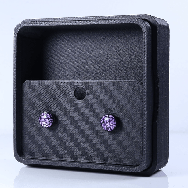 Hypoallergenic Vibrant Electric Cracked Lavender Purple Polymer Clay Plastic Back Stud Earrings With Designer Carbon Fiber Jewellery Box