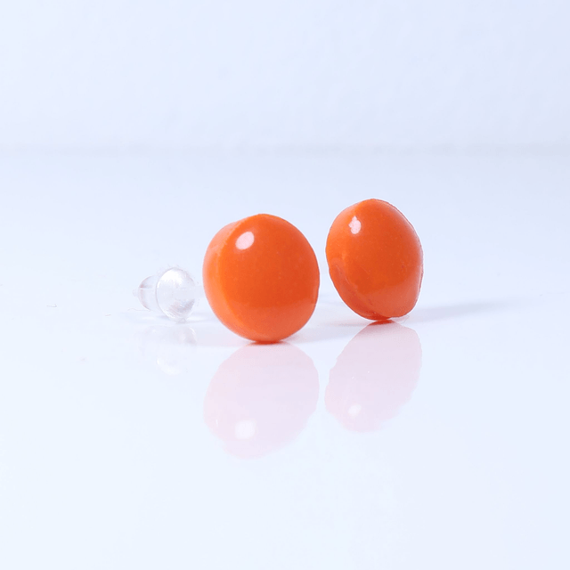 Hypoallergenic 8mm Large Solid Orange Round Cut Polymer Clay Plastic Back Stud Earrings With Designer Carbon Fiber Jewellery Box