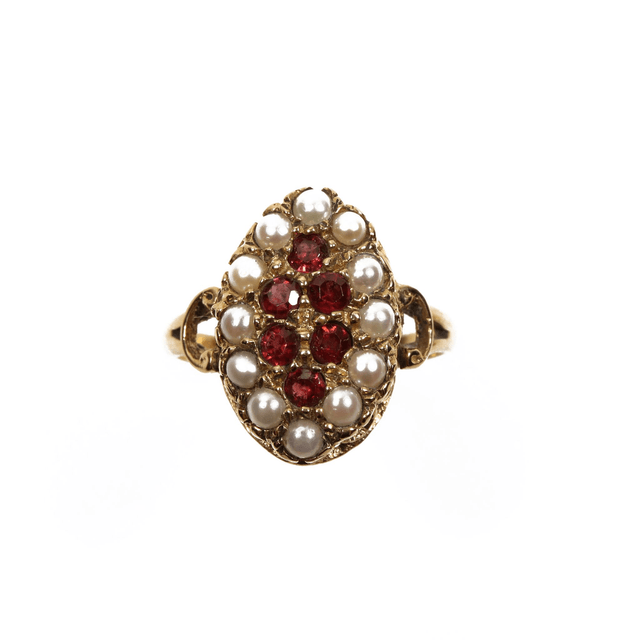 Vintage  9K 9Ct 375 Solid Yellow Gold Round Cut Red Garnet and Small Freshwater Pearl Natural Gemstone Ring Size N - 6 1/2