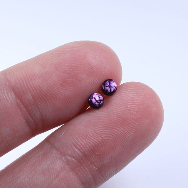 Hypoallergenic Small Electric Cracked Plum Purple Black Polymer Clay Plastic Back Stud Earrings With Designer Carbon Fiber Jewellery Box