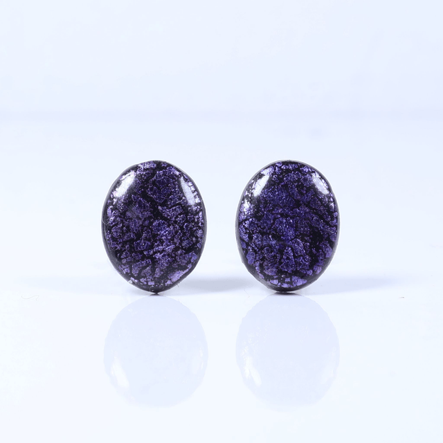 Hypoallergenic Vibrant Electric Cracked Purple Oval Cut Polymer Clay Plastic Back Stud Earrings With Designer Carbon Fiber Jewellery Box