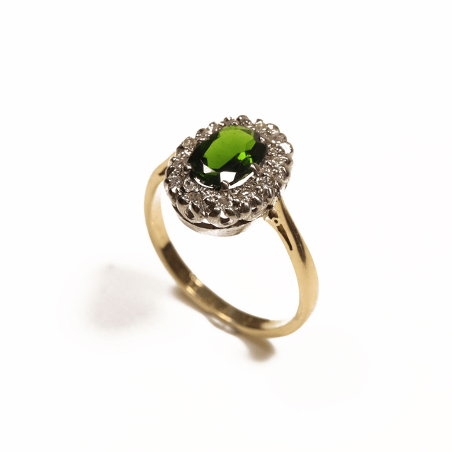Vintage 18K 18Ct 750 Solid Yellow Gold Platinum Vivid Green Diopside And Diamond Halo Natural Gemstone Ring Size L 1/2 - 5 7/8