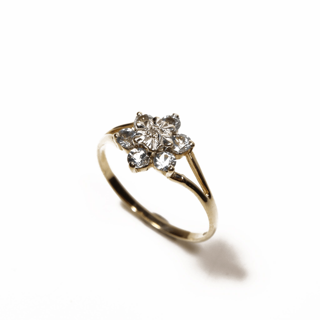Vintage 9K 9Ct 375 Solid Yellow Gold Round Cut Blue Topaz Diamond November Natural Gemstone Star Cluster Design Ring Size M 1/2 - 6 1/4