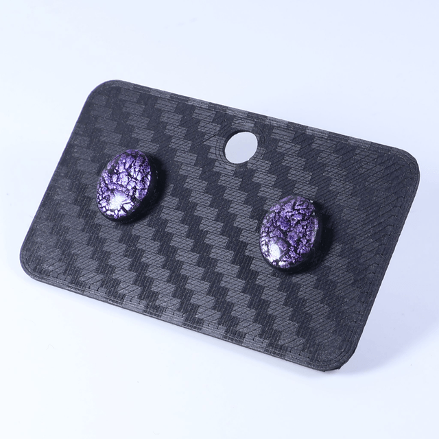 Hypoallergenic Vibrant Electric Cracked Purple Oval Cut Polymer Clay Plastic Back Stud Earrings With Designer Carbon Fiber Jewellery Box