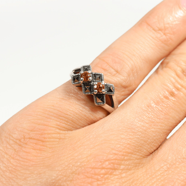 Art Deco Style Sterling Silver 925 Orange Round Cut Spessartine Garnet Marcasite January Birthstone Natural Gemstone Design Ring Size O - 7