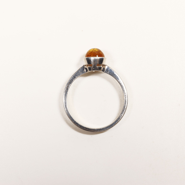 Sterling Silver 925 Minimalist Design Style Small Round Cabochon Cut Orange Baltic Amber Birthstone Gemstone Band Ring Size N - 6 1/2